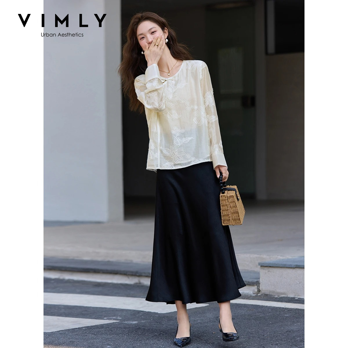 Women'S Formal Wear Blouse - VIMLY Apricot New Chinese Embroidered Chiffon