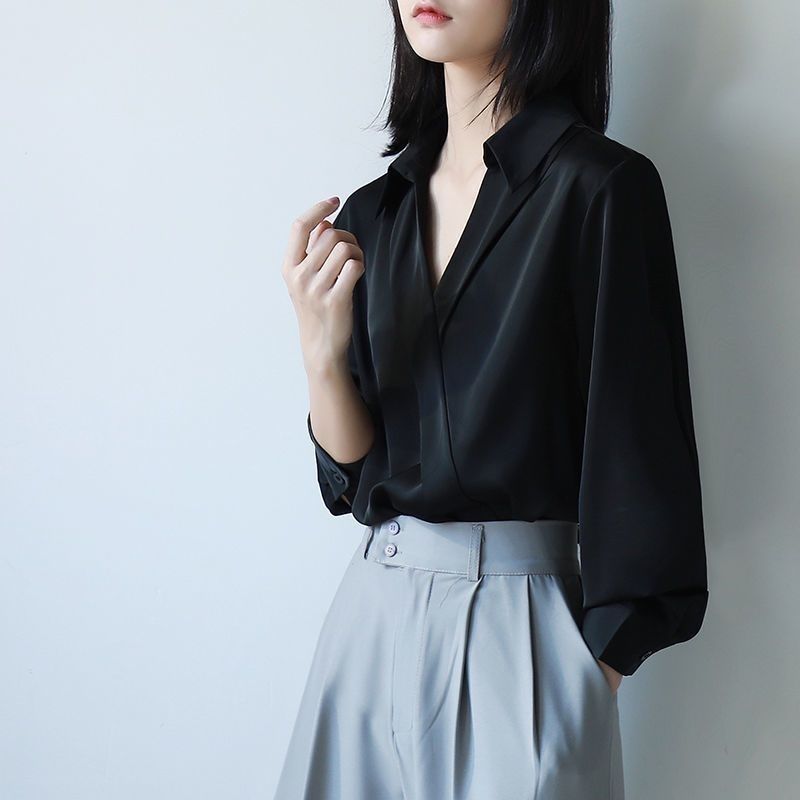 Women'S Formal Wear Blouse - Gidyq Women Black Chiffon Shirts Korean