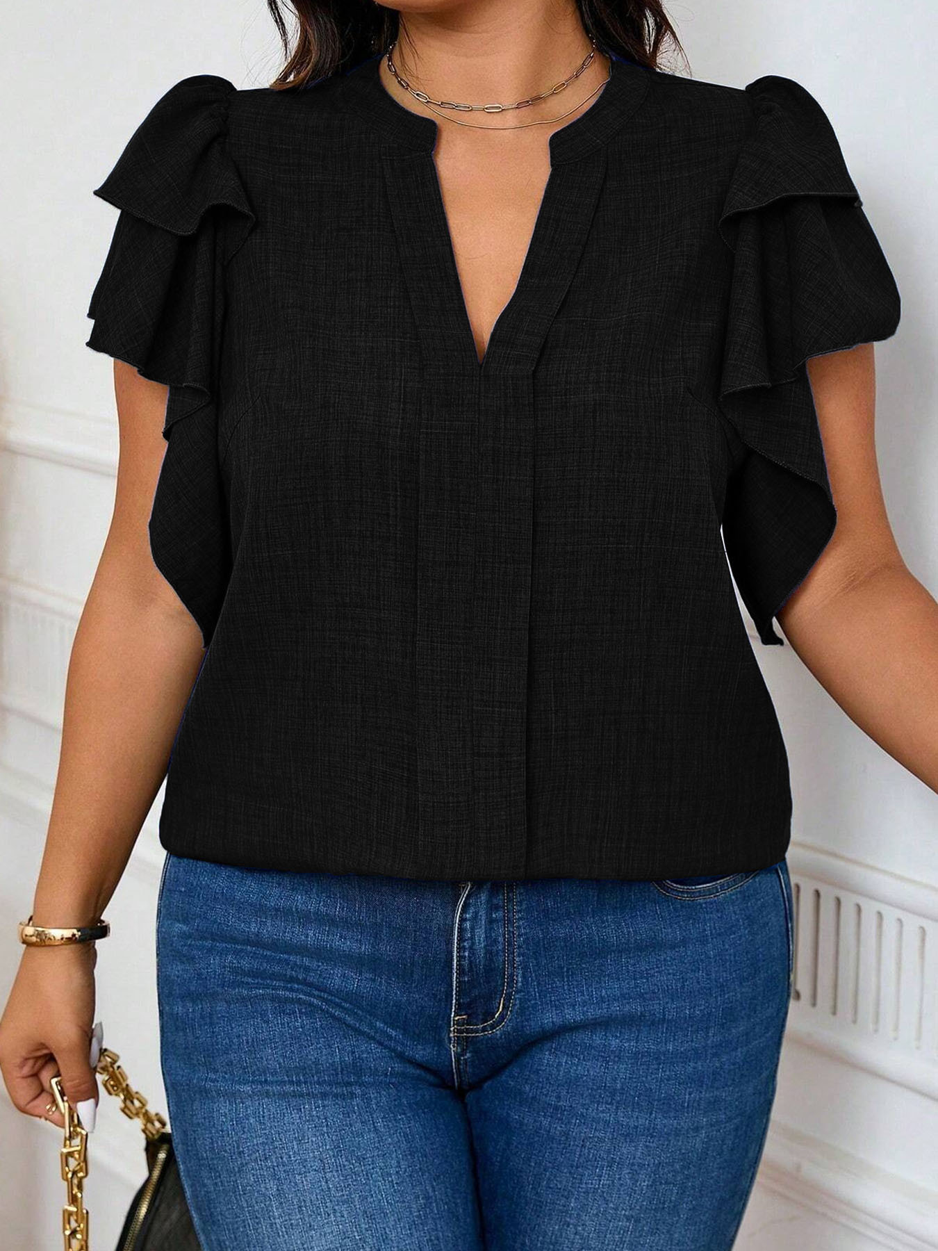 Women'S Formal Wear Blouse - Women's Plus-Size Elegant Tiered-Sleeve V-Neck Blouse