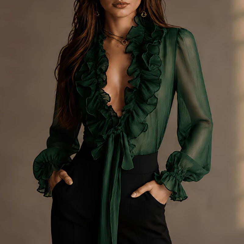 Elegant Women Solid Sheer Shir - Women'S Formal Wear Blouse ulasan dan harga