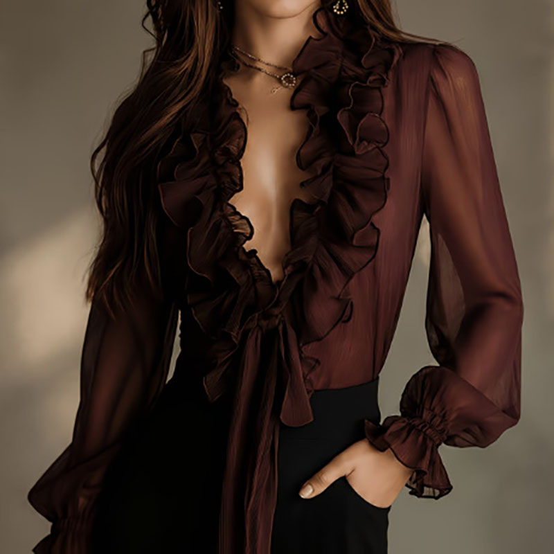 Elegant Women Solid Sheer Shir - Women'S Formal Wear Blouse ulasan dan harga