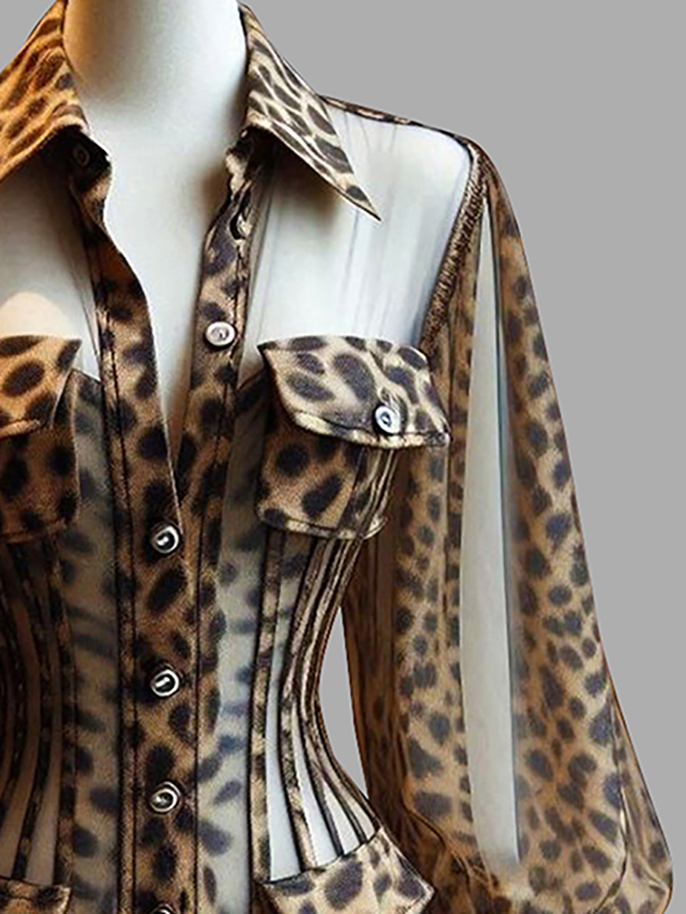 Women's Leopard Print Sheer Co - Women'S Formal Wear Blouse ulasan dan harga
