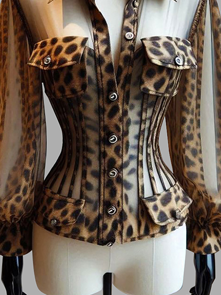 Women's Leopard Print Sheer Co - Women'S Formal Wear Blouse ulasan dan harga