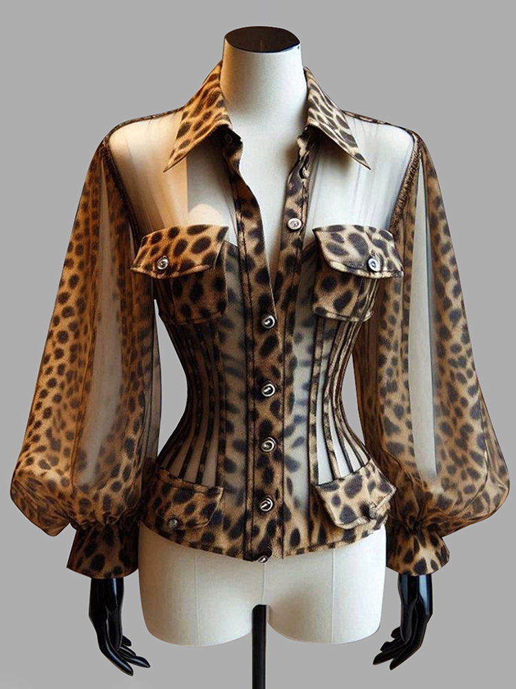 Women's Leopard Print Sheer Co - Women'S Formal Wear Blouse ulasan dan harga